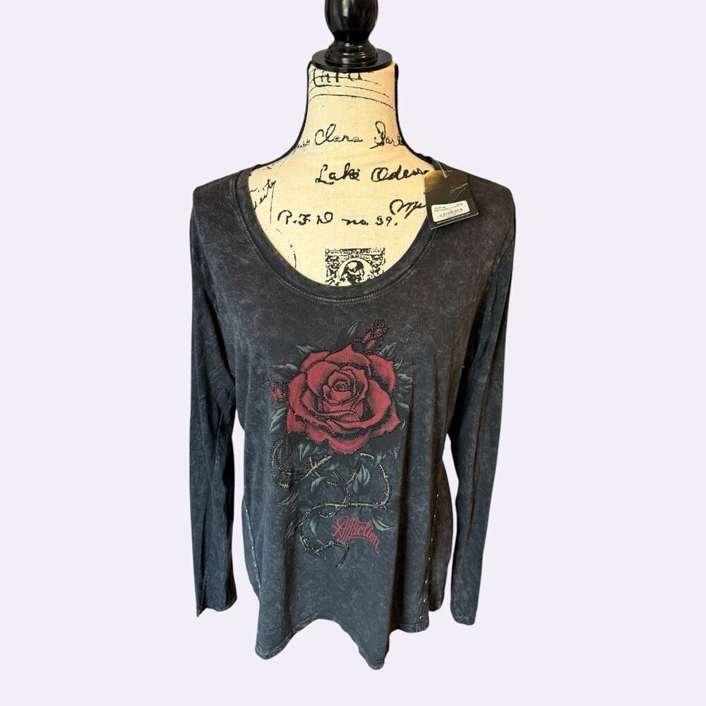 NWT Affliction Fancy Flower Rose Long Sleeve U-Neck Tee Black Lava Wash XL Studs
